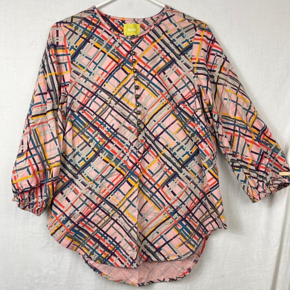 Maeve High Low Abstract Tunic Popover Womens M Oversized Artsy Bold 3/4 Pink